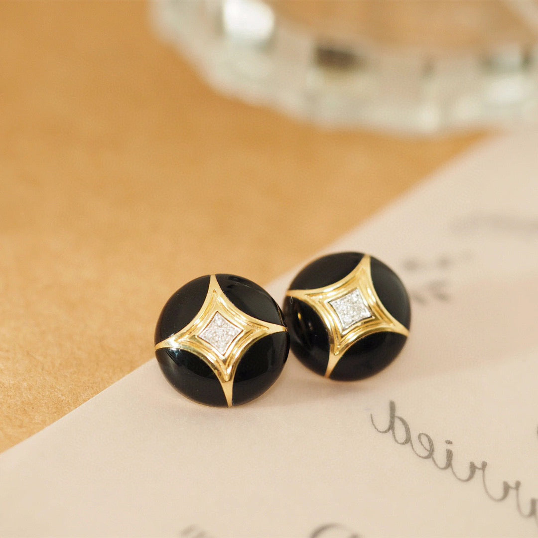 Vintage Black Onyx Diamond Earrings, 18K Solid Gold Onyx Diamond Earrings