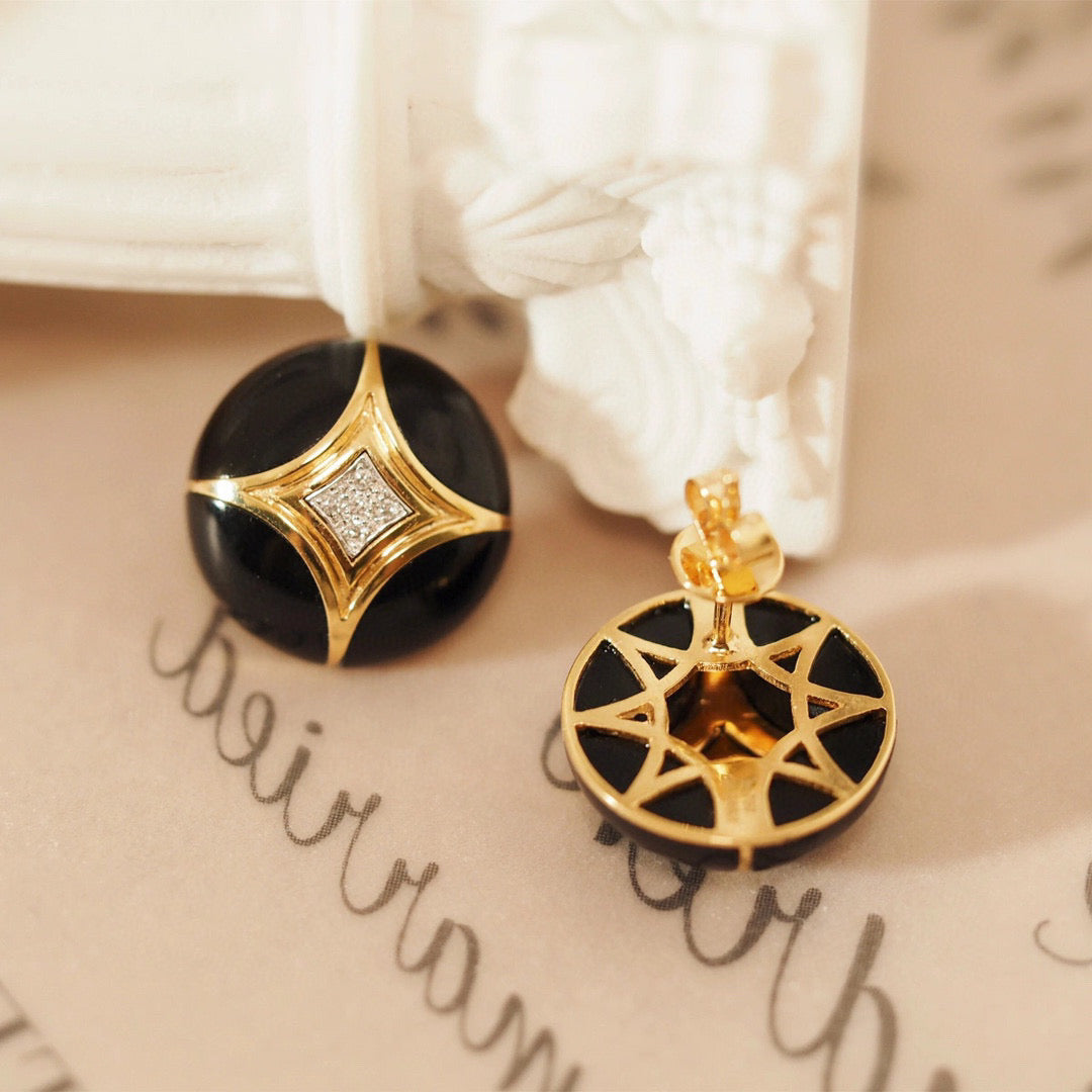 Vintage Black Onyx Diamond Earrings, 18K Solid Gold Onyx Diamond Earrings