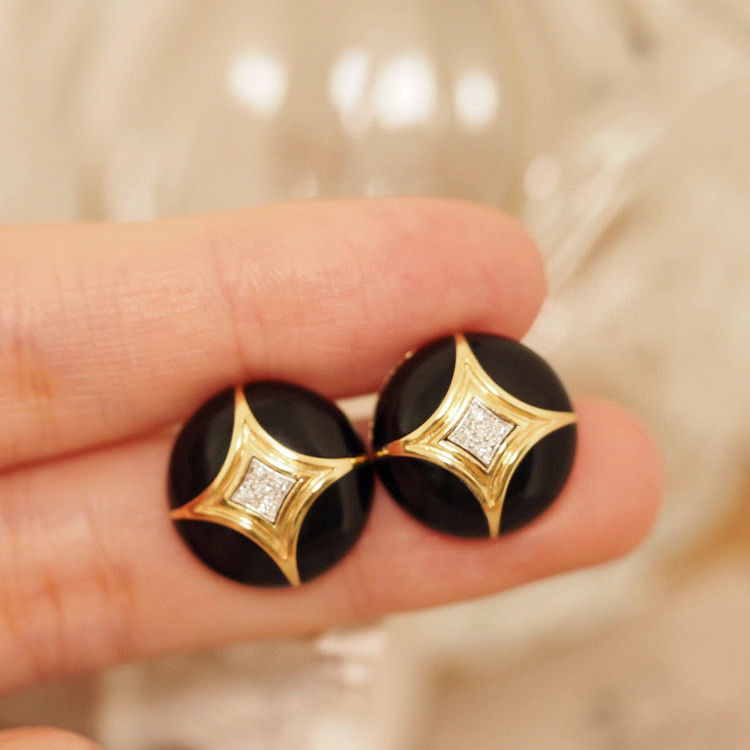 Vintage Black Onyx Diamond Earrings, 18K Solid Gold Onyx Diamond Earrings