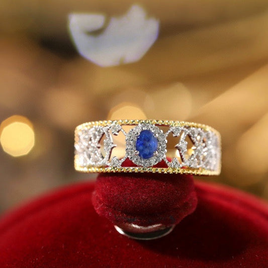 Lace Vintage Sapphire Ring, 18K Solid Gold Sapphire Diamond Ring