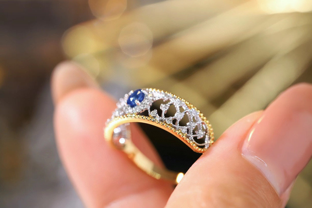 Lace Vintage Sapphire Ring, 18K Solid Gold Sapphire Diamond Ring