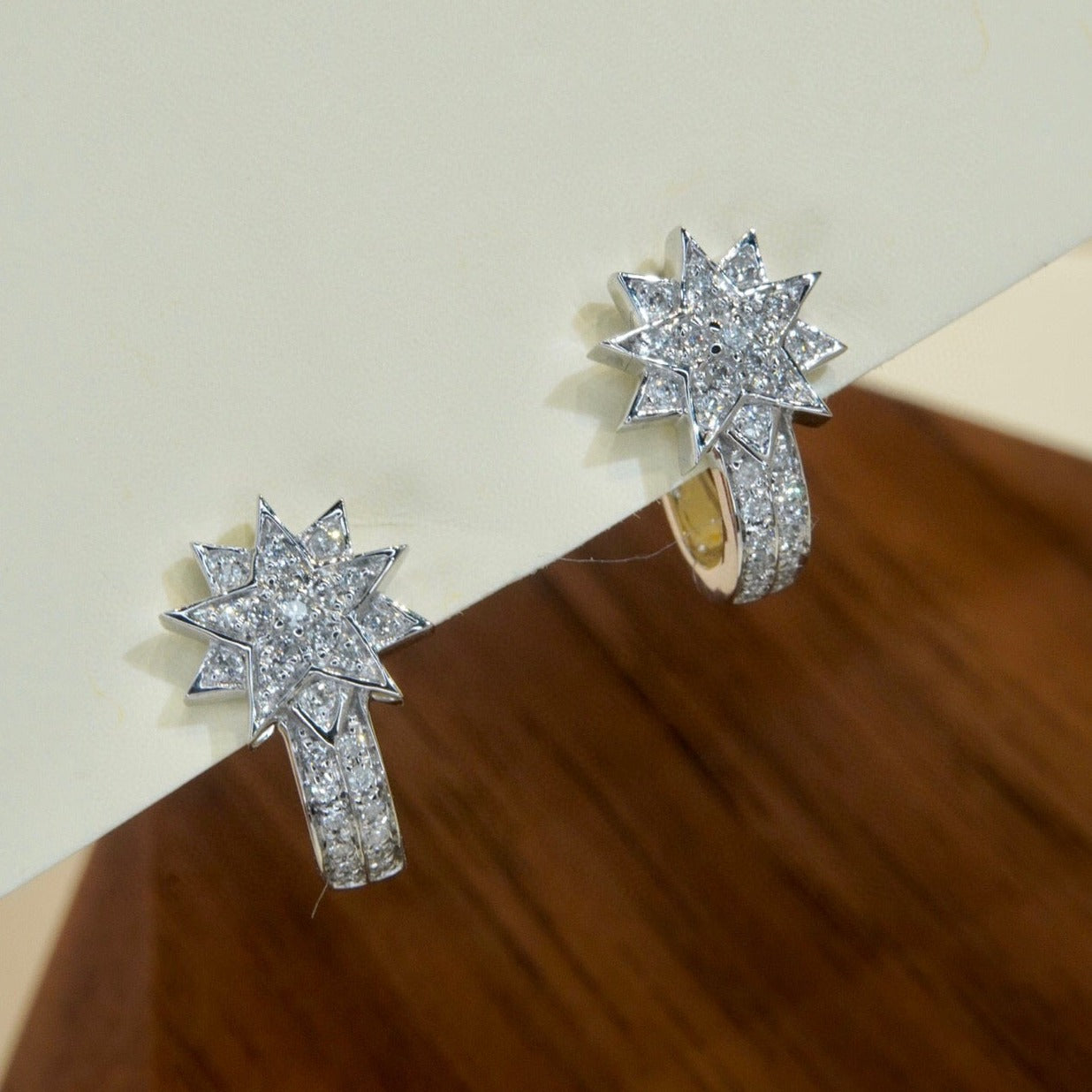 Dainty Star Hoop Earrings, 18K Solid Gold Diamond Star Hoop Earrings