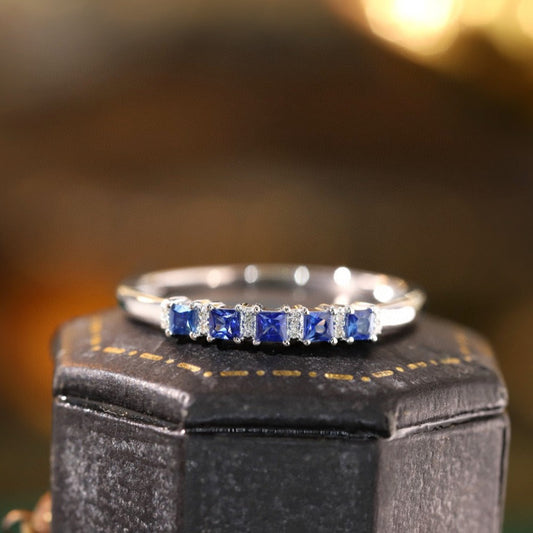 Classic Sapphire Ring, 18K Solid Gold Half Eternity Sapphire diamond Ring