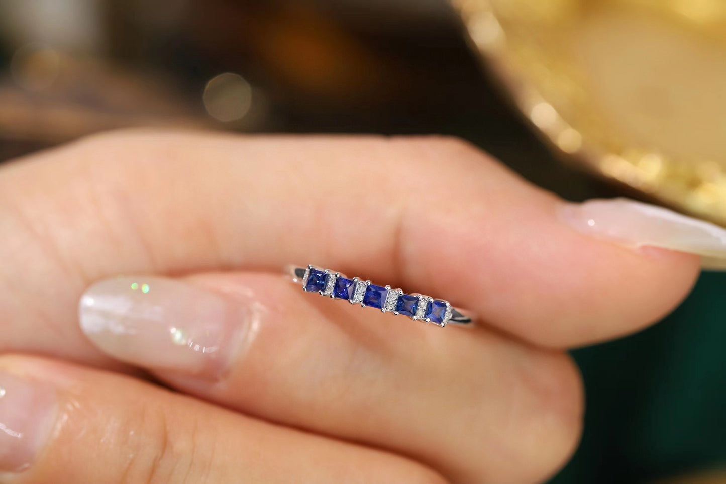 Classic Sapphire Ring, 18K Solid Gold Half Eternity Sapphire diamond Ring