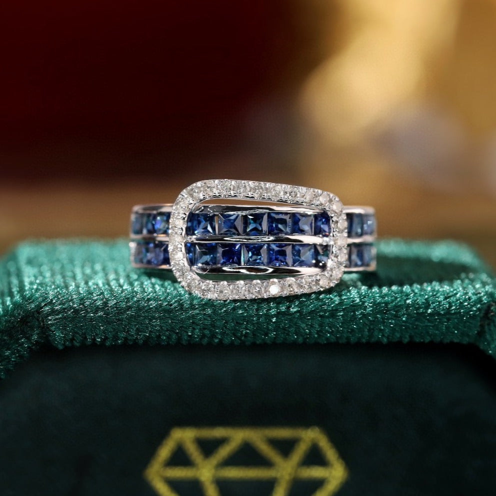 Vintage K Gold Sapphire Diamond Ring, 18K Solid gold Sapphire Diamond Band