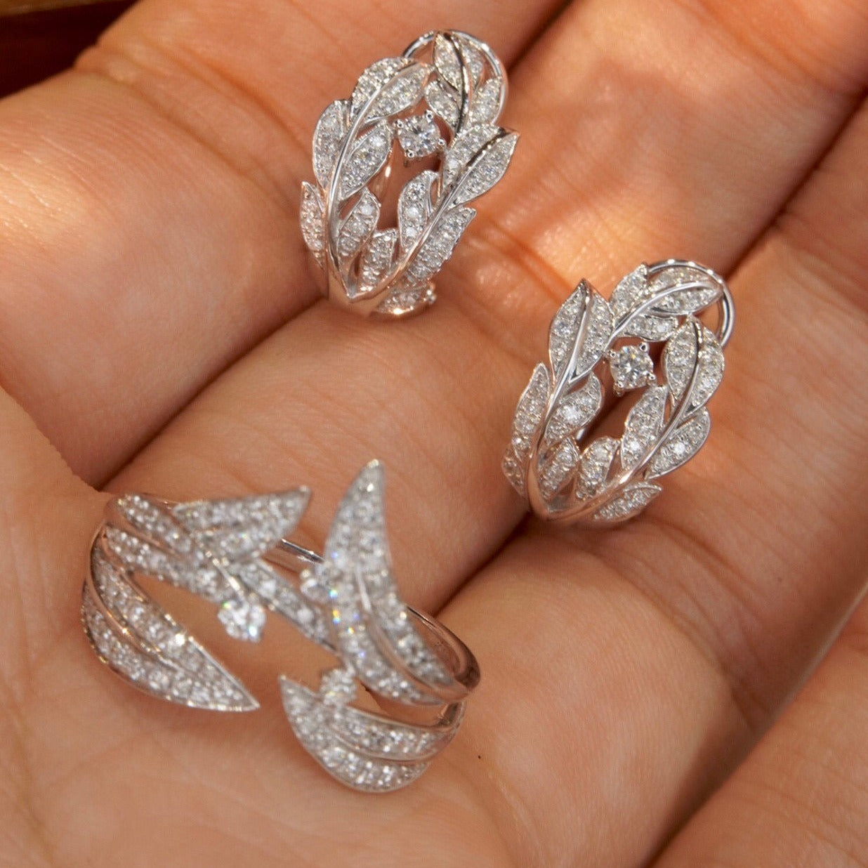 Laurel Leaf Diamond Earrings, 18K Solid Gold Diamond Clip On Earrings