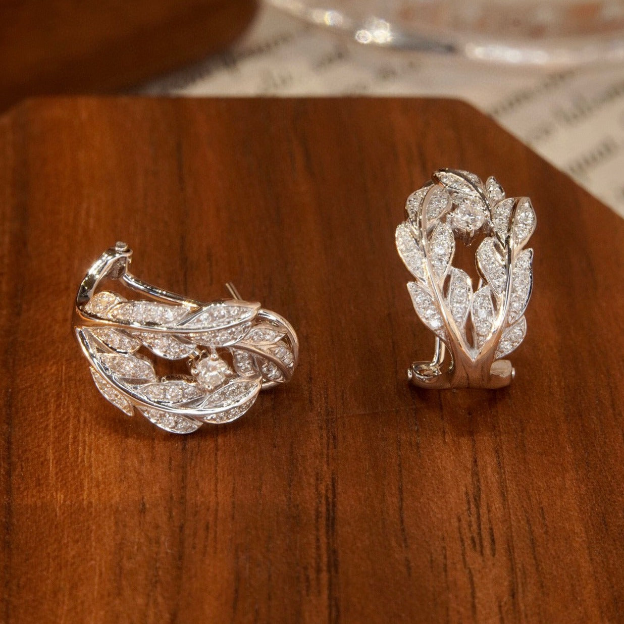 Laurel Leaf Diamond Earrings, 18K Solid Gold Diamond Clip On Earrings