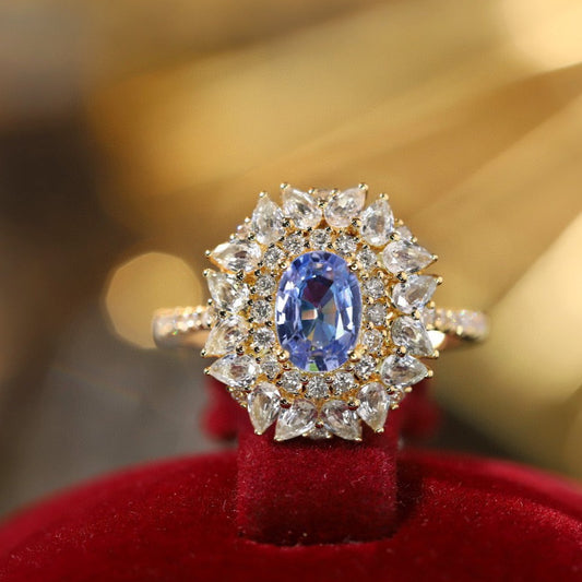 Vintage K Gold Sapphire Ring, 18K Solid gold Natural Sapphire Diamond Ring