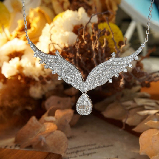 Angle Wings Diamond Necklace, 18K Solid Gold Full Diamond Necklace