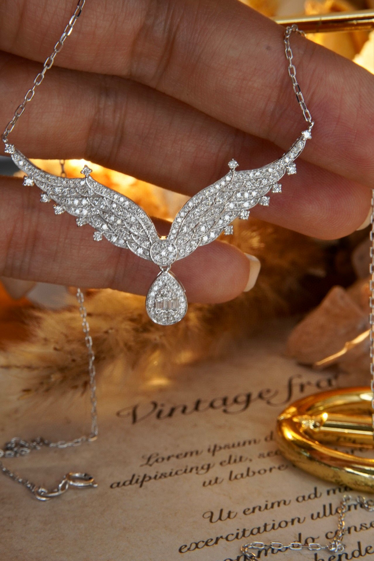 Angle Wings Diamond Necklace, 18K Solid Gold Full Diamond Necklace