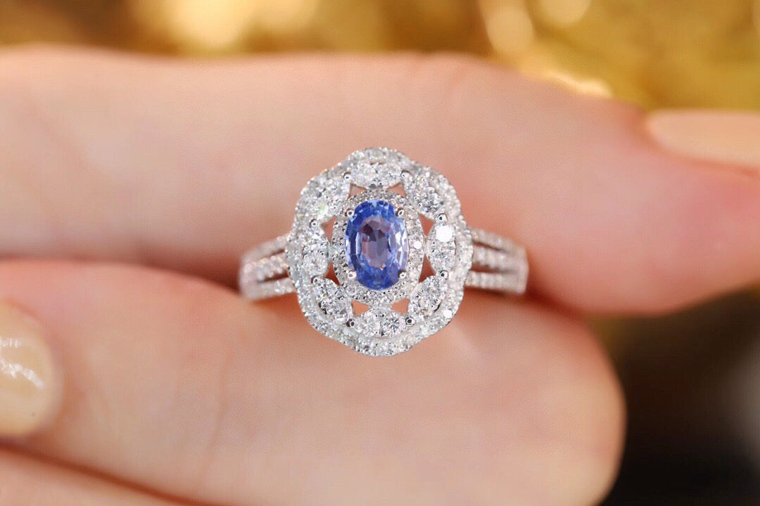 Art Deco Gold Sapphire Diamond Ring, 18K Solid Gold Natural Sapphire Diamond Band