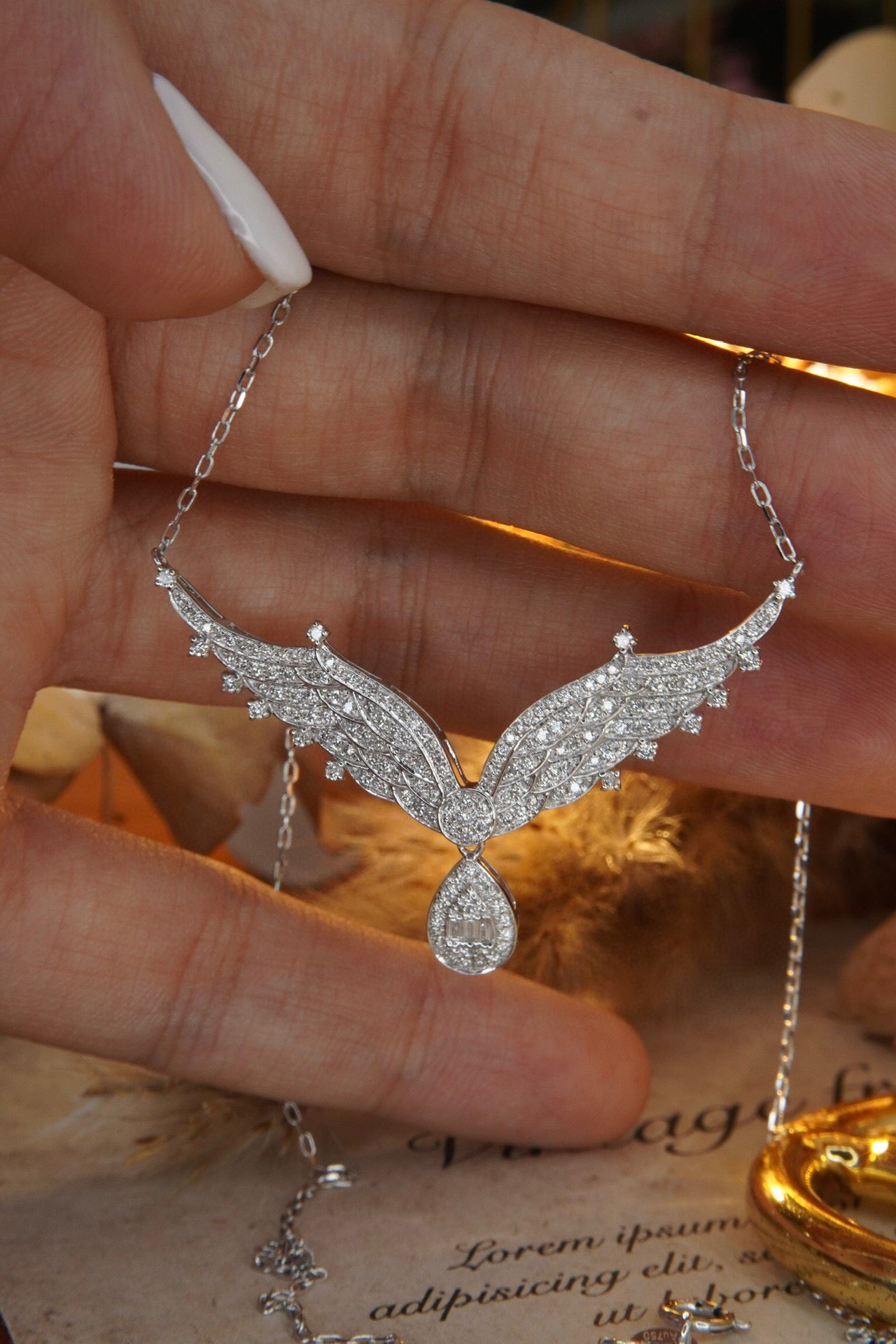 Angle Wings Diamond Necklace, 18K Solid Gold Full Diamond Necklace