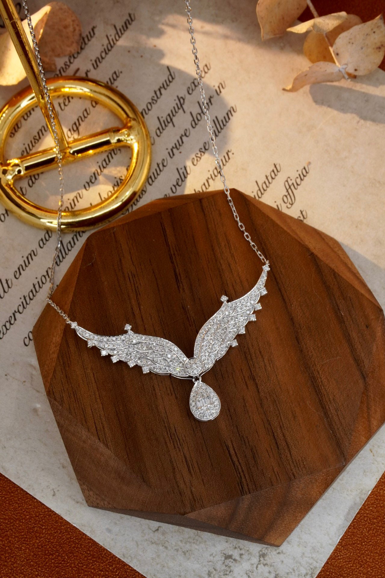 Angle Wings Diamond Necklace, 18K Solid Gold Full Diamond Necklace