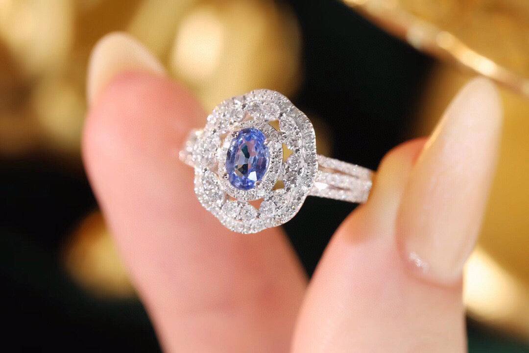 Art Deco Gold Sapphire Diamond Ring, 18K Solid Gold Natural Sapphire Diamond Band