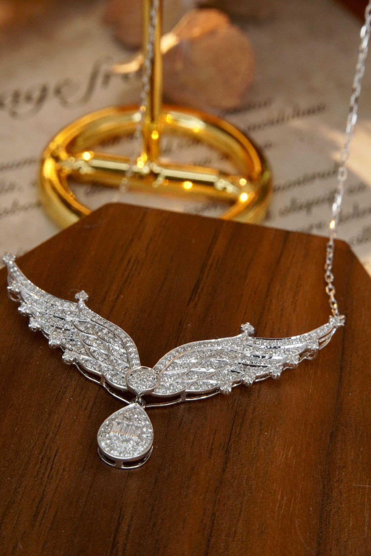 Angle Wings Diamond Necklace, 18K Solid Gold Full Diamond Necklace