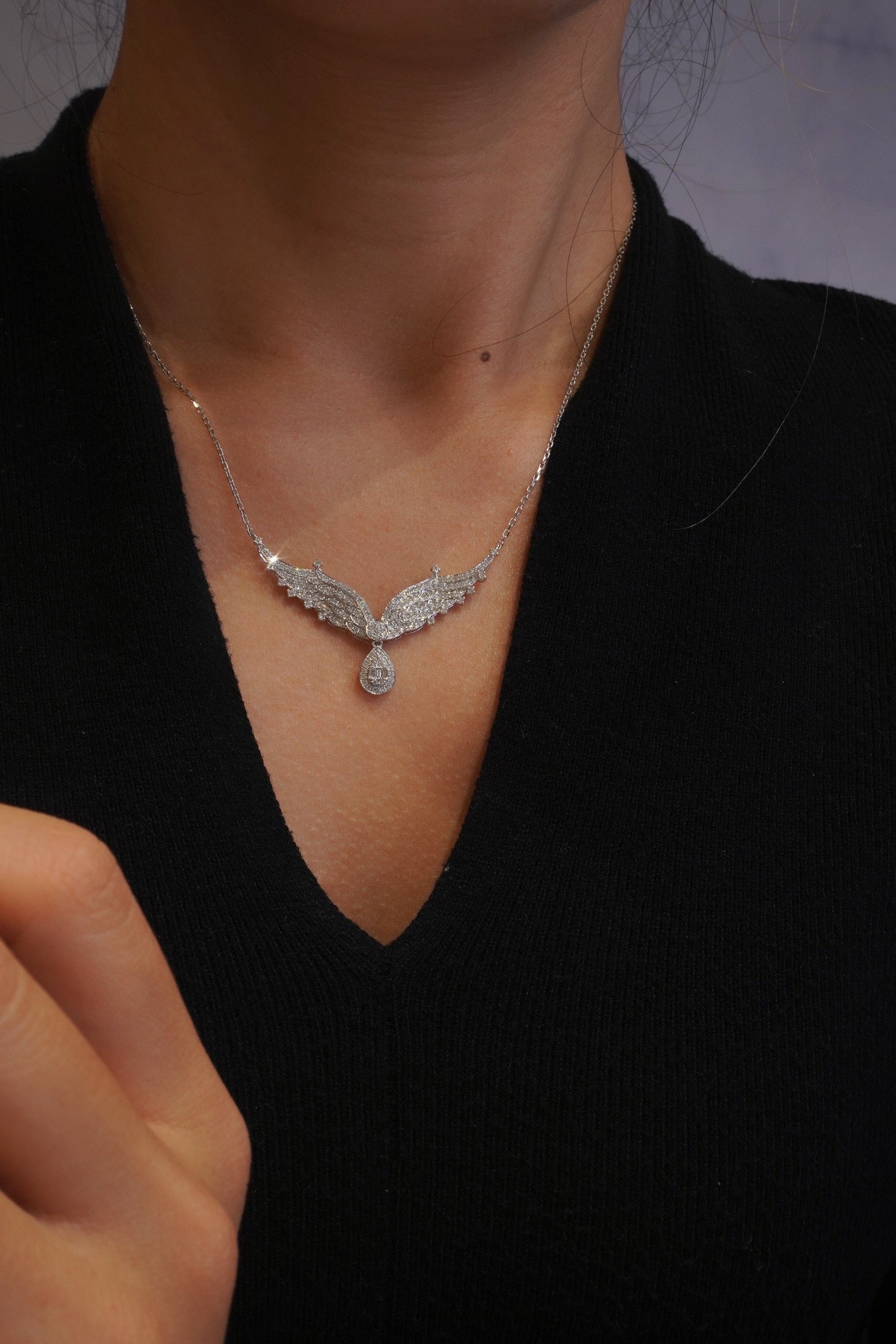 Angle Wings Diamond Necklace, 18K Solid Gold Full Diamond Necklace