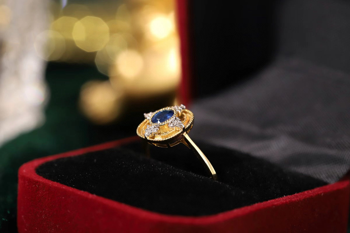 Art Deco Gold Sapphire Ring, 18K Solid Gold Sapphire Diamond Ring