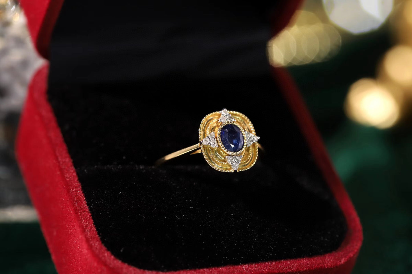 Art Deco Gold Sapphire Ring, 18K Solid Gold Sapphire Diamond Ring