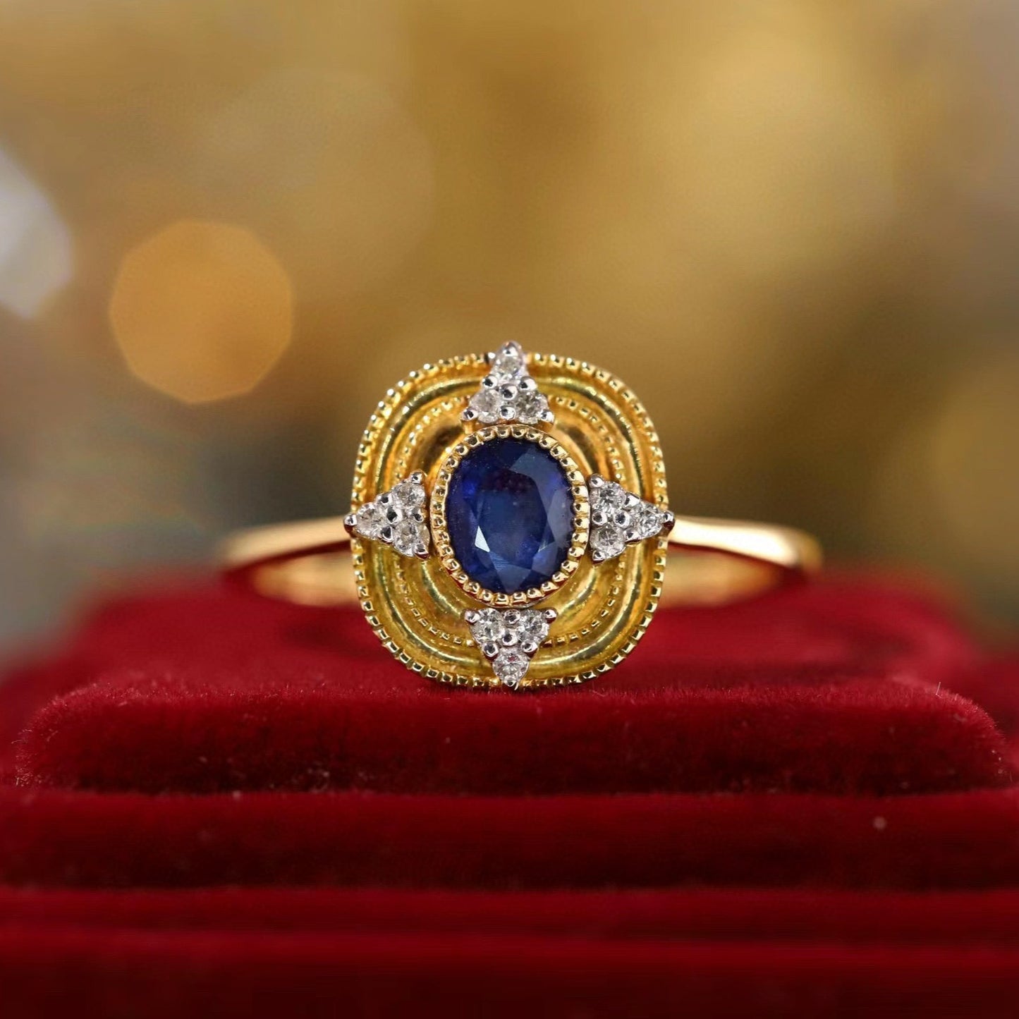 Art Deco Gold Sapphire Ring, 18K Solid Gold Sapphire Diamond Ring