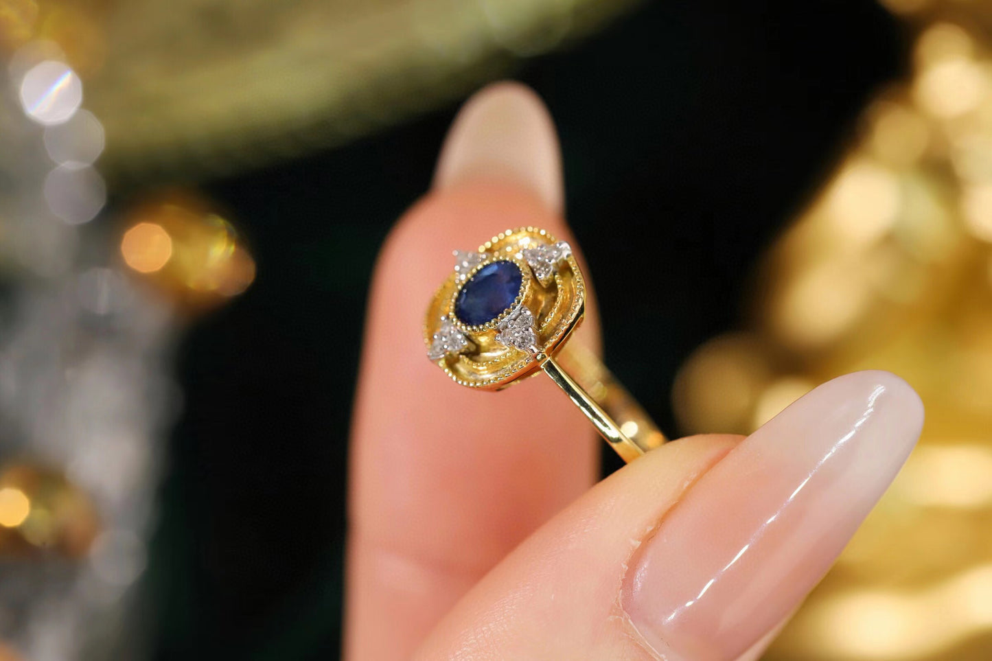 Art Deco Gold Sapphire Ring, 18K Solid Gold Sapphire Diamond Ring