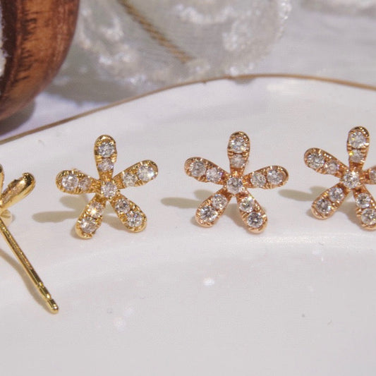 Lovely Flower Stud Earrings, 18K Solid Gold Diamond Flower Stud Earrings