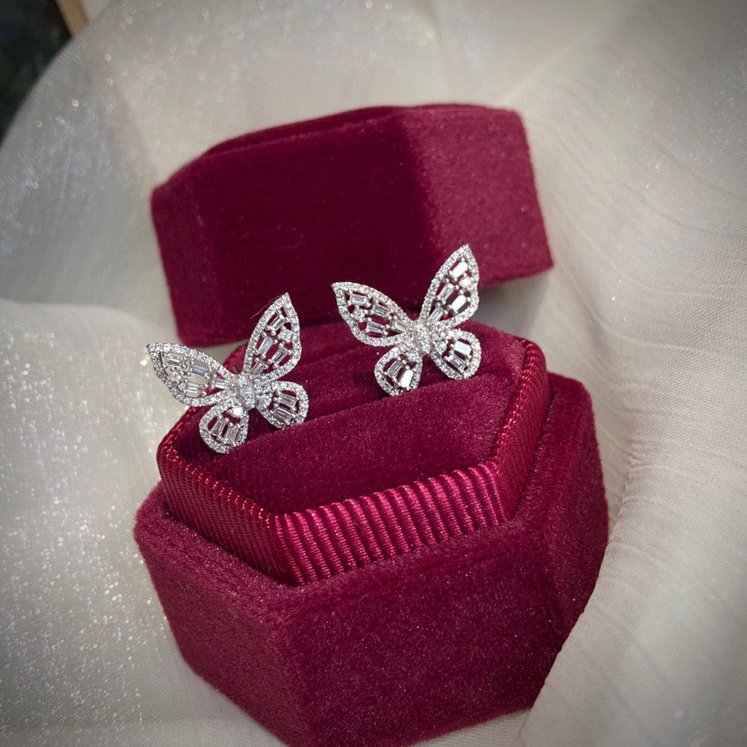 Vintage Butterfly Earrings, 18K Solid Gold Diamond Butterfly Stud Earrings