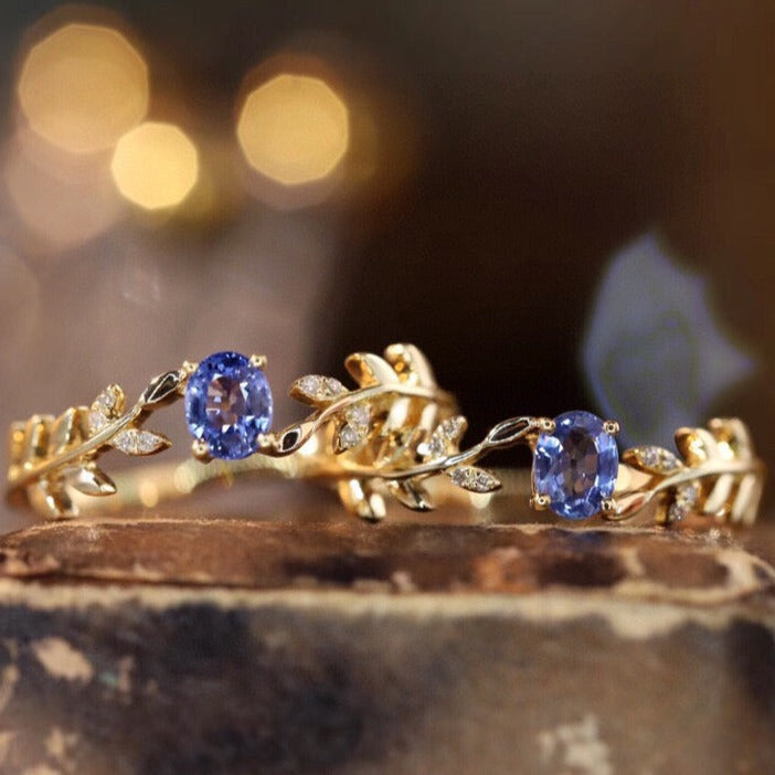 Dainty Leaf Gold Sapphire Ring, 18K Solid Gold Natural Sapphire Diamond Ring