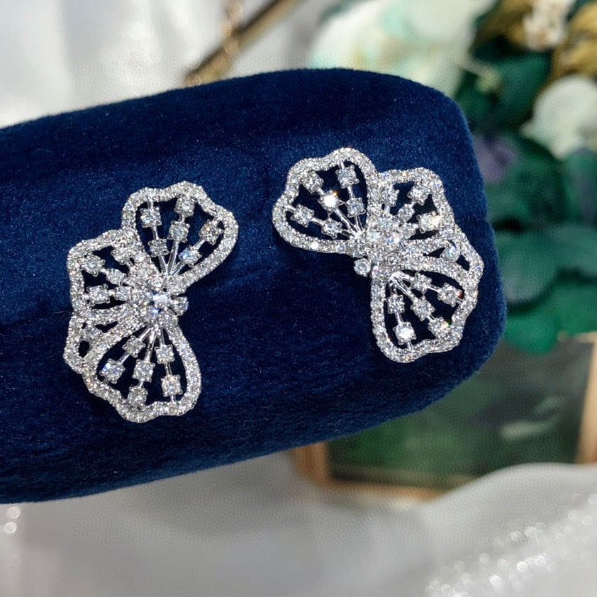 Art Deco Lace Bowknot Diamond Earrings, 18K Solid Gold Diamond Stud Earrings