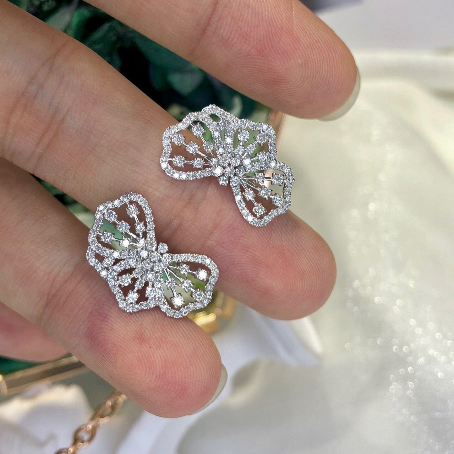 Art Deco Lace Bowknot Diamond Earrings, 18K Solid Gold Diamond Stud Earrings