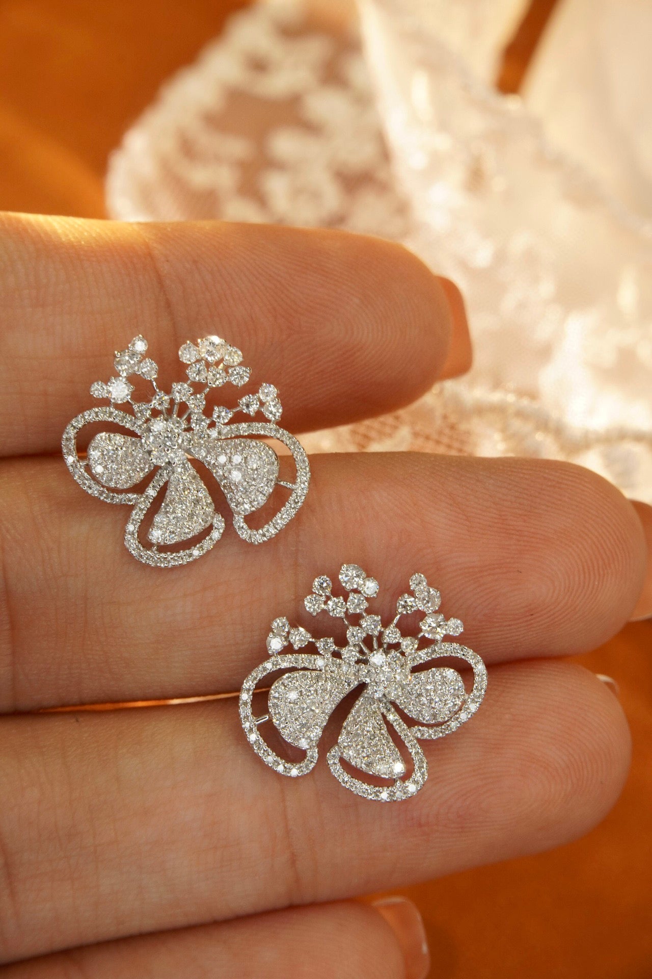 Luxury Flower Diamond Earrings, 18K Solid Gold Full Diamond Stud Earrings