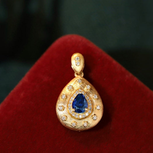 Vintage Gold Sapphire Pendant,18K Solid Gold Natural Sapphire Diamond Pendant