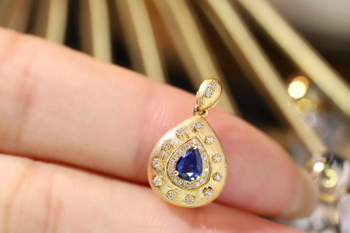 Vintage Gold Sapphire Pendant,18K Solid Gold Natural Sapphire Diamond Pendant