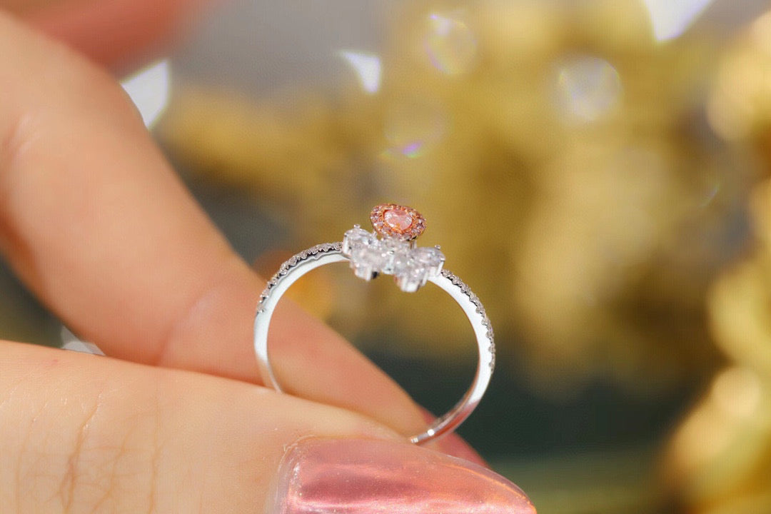 Sweet Flower Pink Diamond Ring, 18K Solid Gold Pink diamond and Sapphire Ring