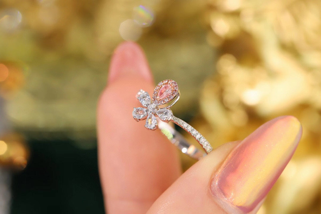 Sweet Flower Pink Diamond Ring, 18K Solid Gold Pink diamond and Sapphire Ring