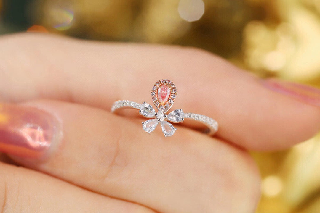 Sweet Flower Pink Diamond Ring, 18K Solid Gold Pink diamond and Sapphire Ring