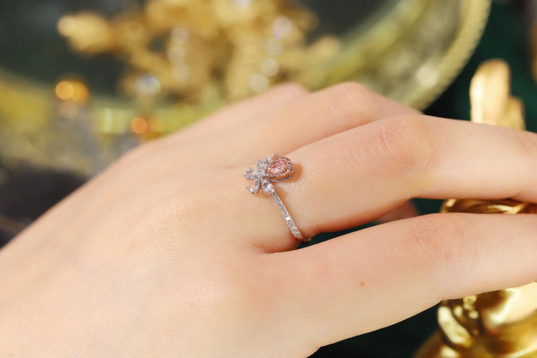 Sweet Flower Pink Diamond Ring, 18K Solid Gold Pink diamond and Sapphire Ring