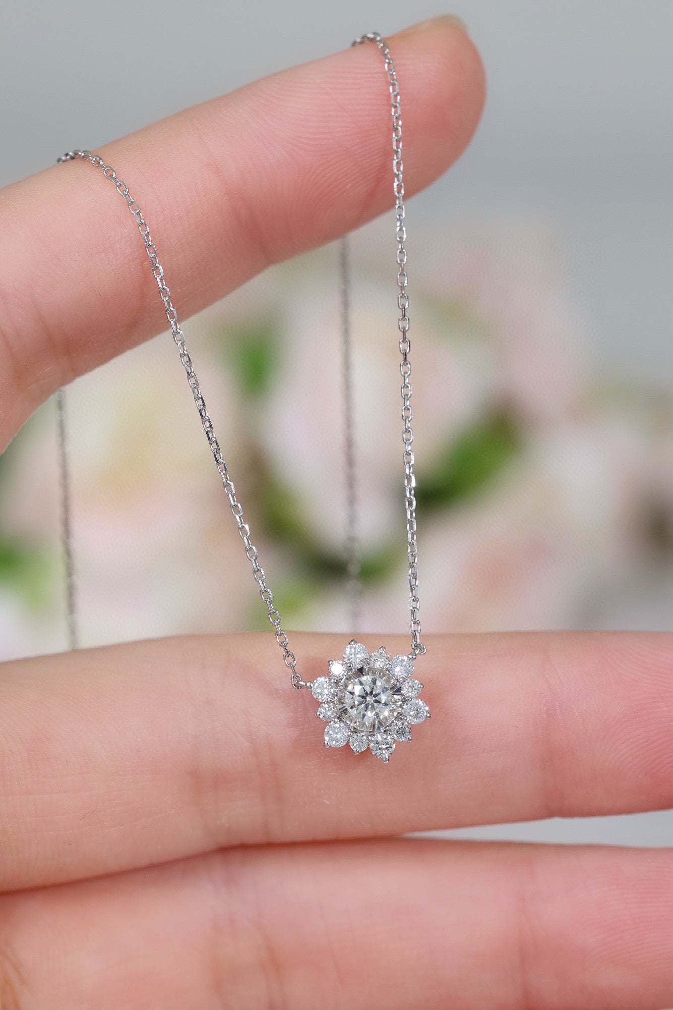 Dainty Snowflake Diamond Necklace, 18K Solid Gold Diamond Flower Necklace