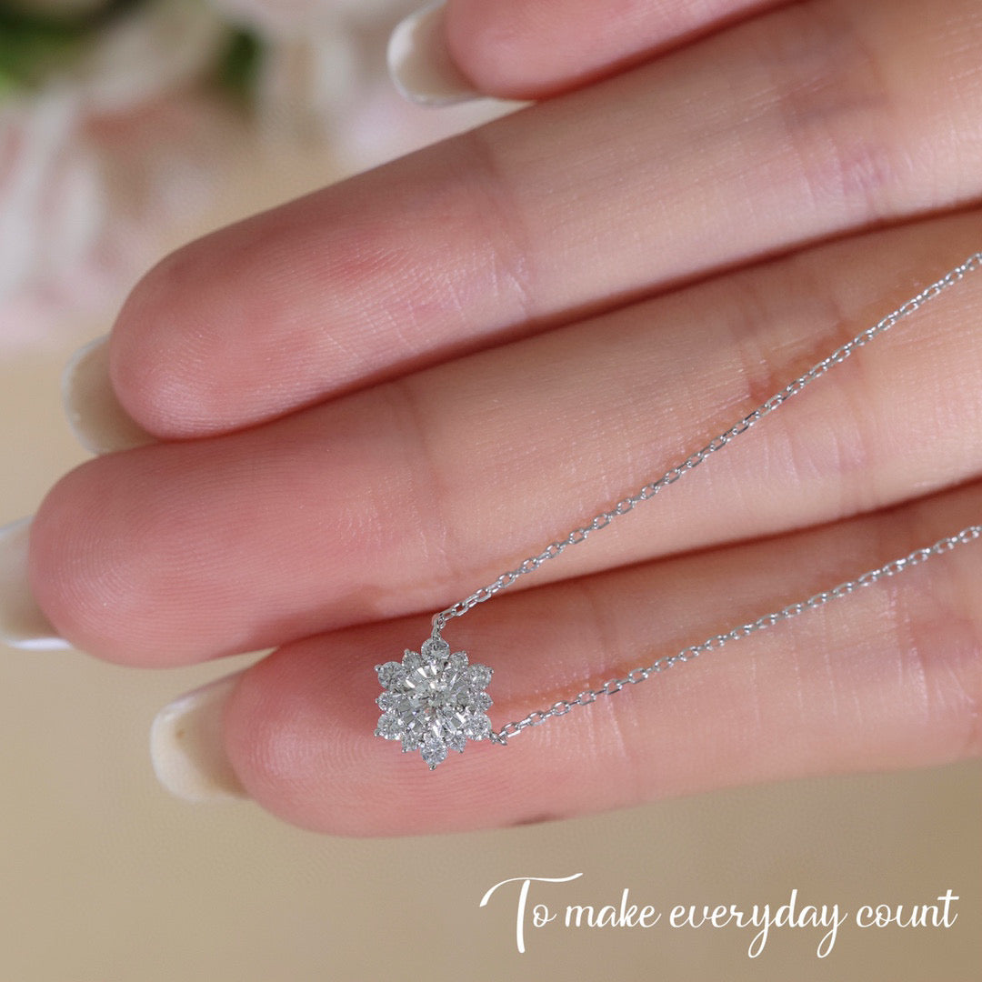 Dainty Snowflake Diamond Necklace, 18K Solid Gold Diamond Flower Necklace