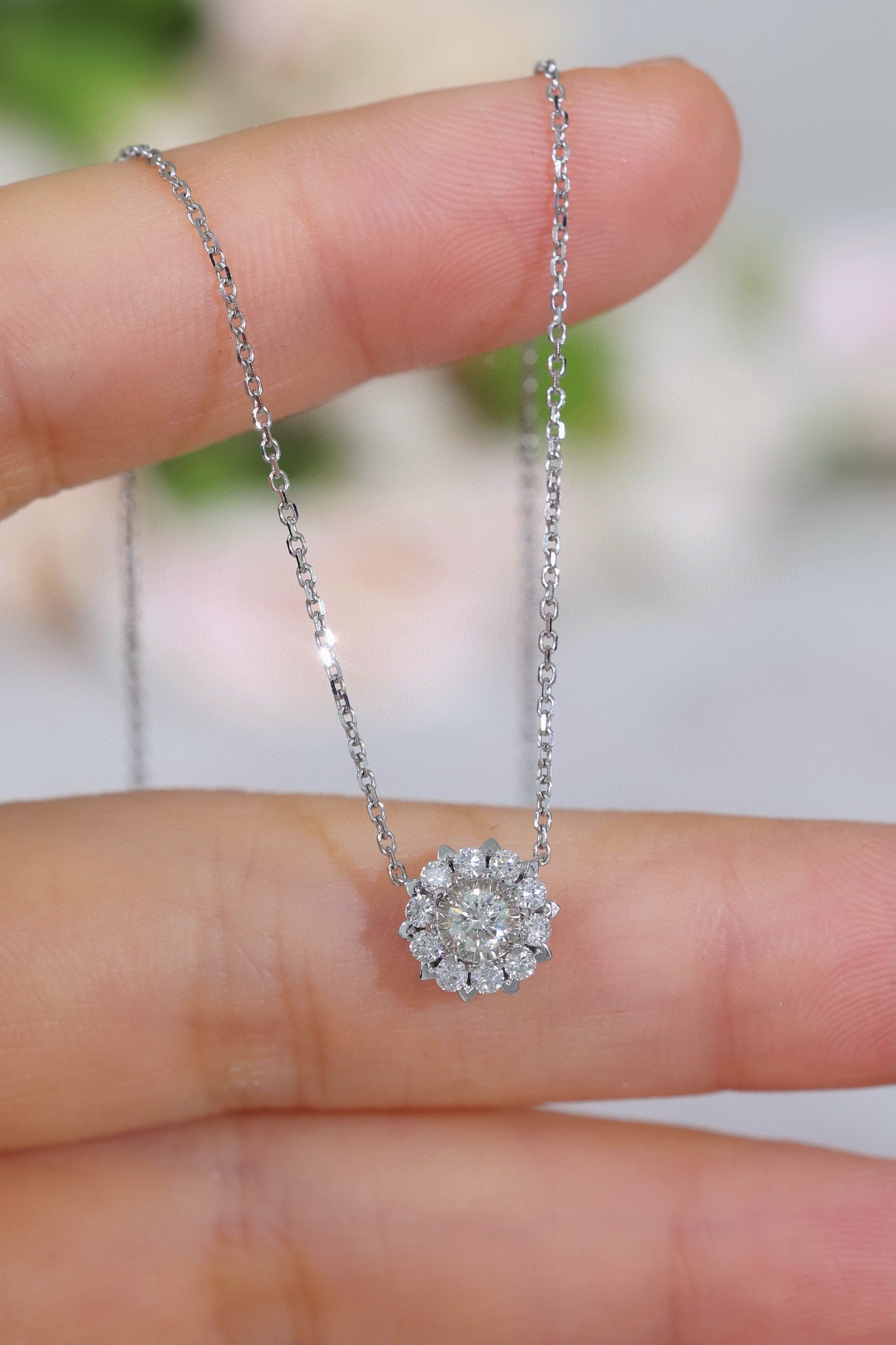 Vintage Snowflake Diamond Necklace, 18K Solid Gold Diamond Necklace