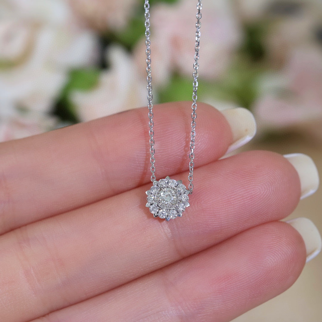 Vintage Snowflake Diamond Necklace, 18K Solid Gold Diamond Necklace