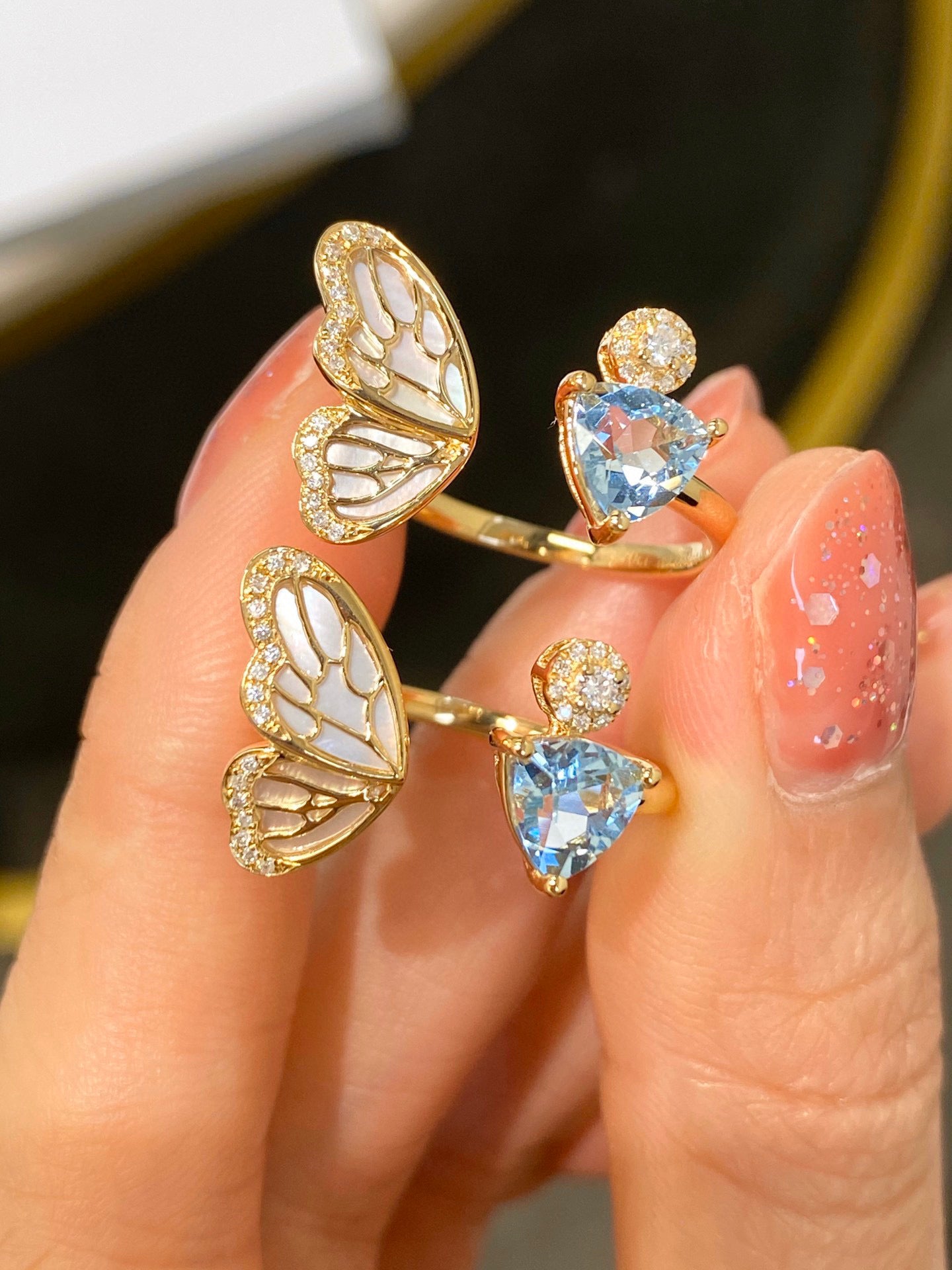 Art Deco Genuine Aquamarine 18K solid gold Diamond Butterfly Ring/Aquamarine Gold Diamond band/Wedding, engagement ring/gift for her