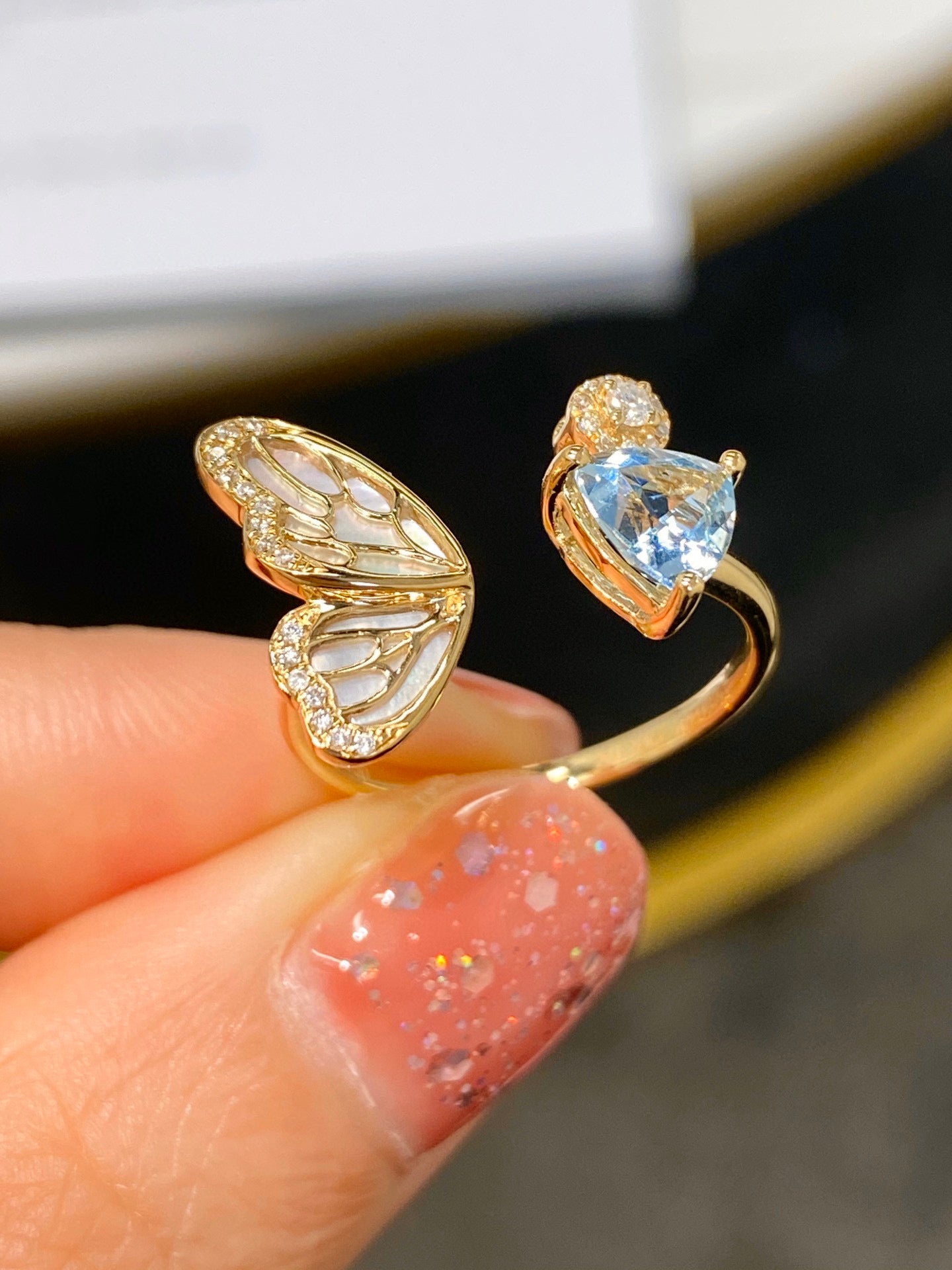 Art Deco Genuine Aquamarine 18K solid gold Diamond Butterfly Ring/Aquamarine Gold Diamond band/Wedding, engagement ring/gift for her