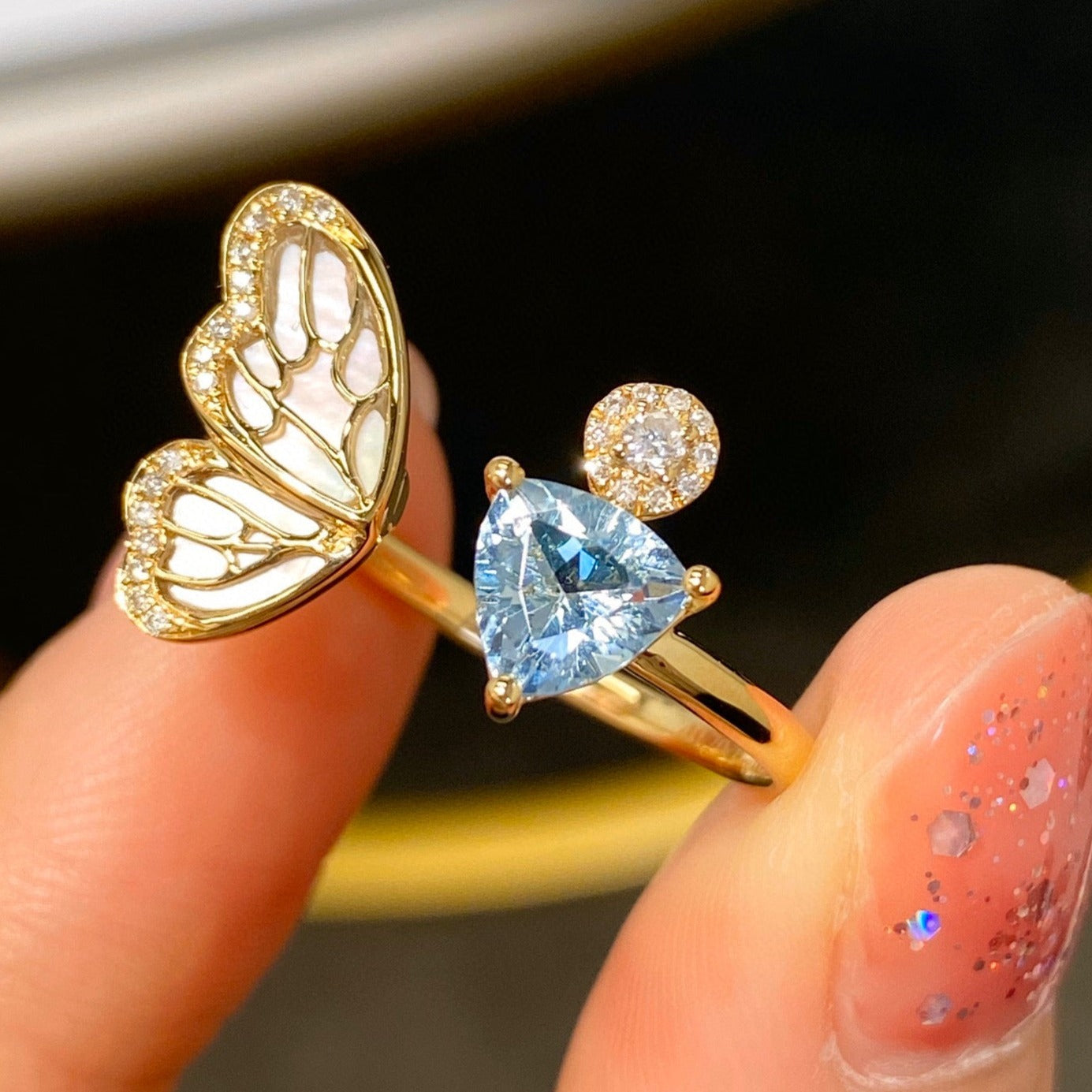 Art Deco Genuine Aquamarine 18K solid gold Diamond Butterfly Ring/Aquamarine Gold Diamond band/Wedding, engagement ring/gift for her