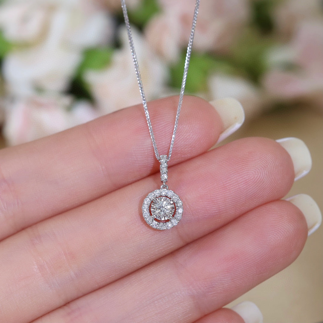 Classic Halo Diamond Necklace, 18K Solid Gold Diamond Necklace