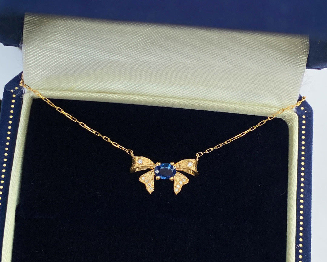 Vintage K Gold Genuine Sapphire Diamond Bow Necklace