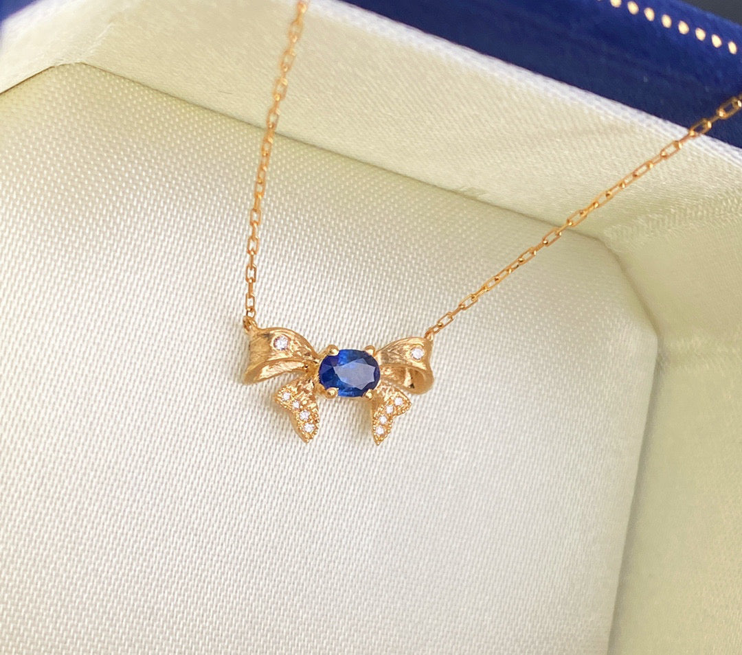 Vintage K Gold Genuine Sapphire Diamond Bow Necklace