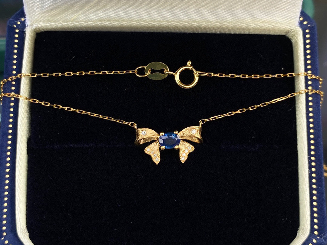 Vintage K Gold Genuine Sapphire Diamond Bow Necklace