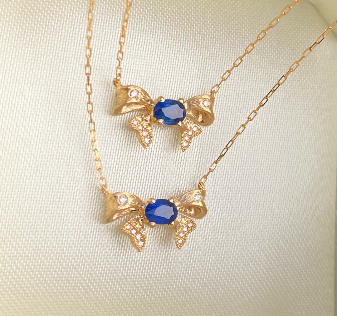 Vintage K Gold Genuine Sapphire Diamond Bow Necklace