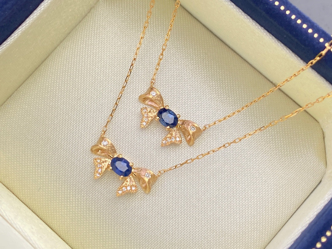 Vintage K Gold Genuine Sapphire Diamond Bow Necklace