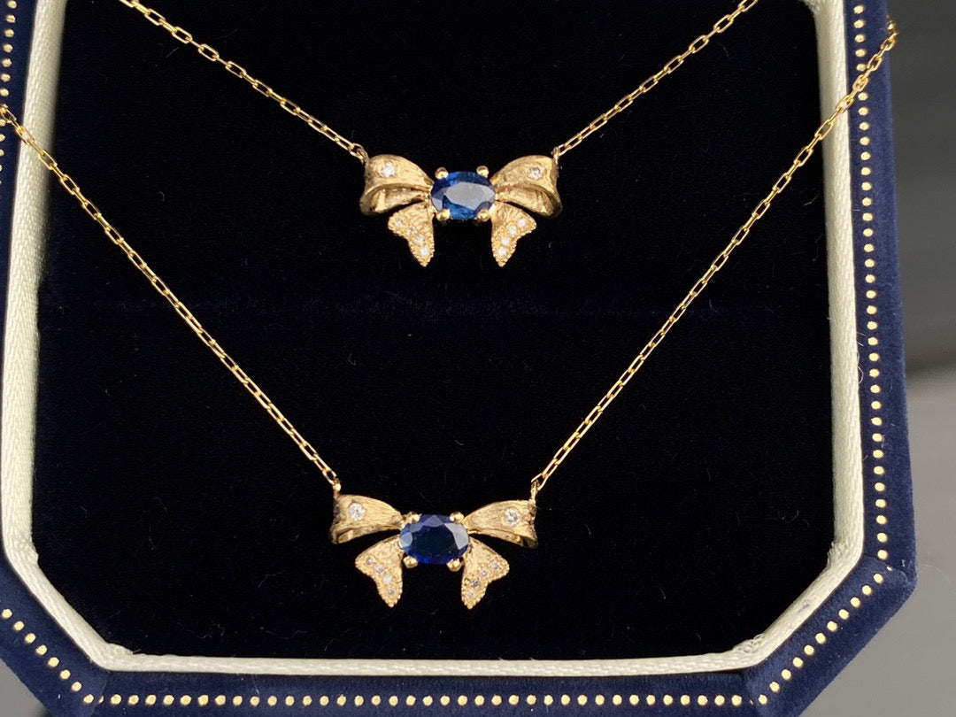 Vintage K Gold Genuine Sapphire Diamond Bow Necklace